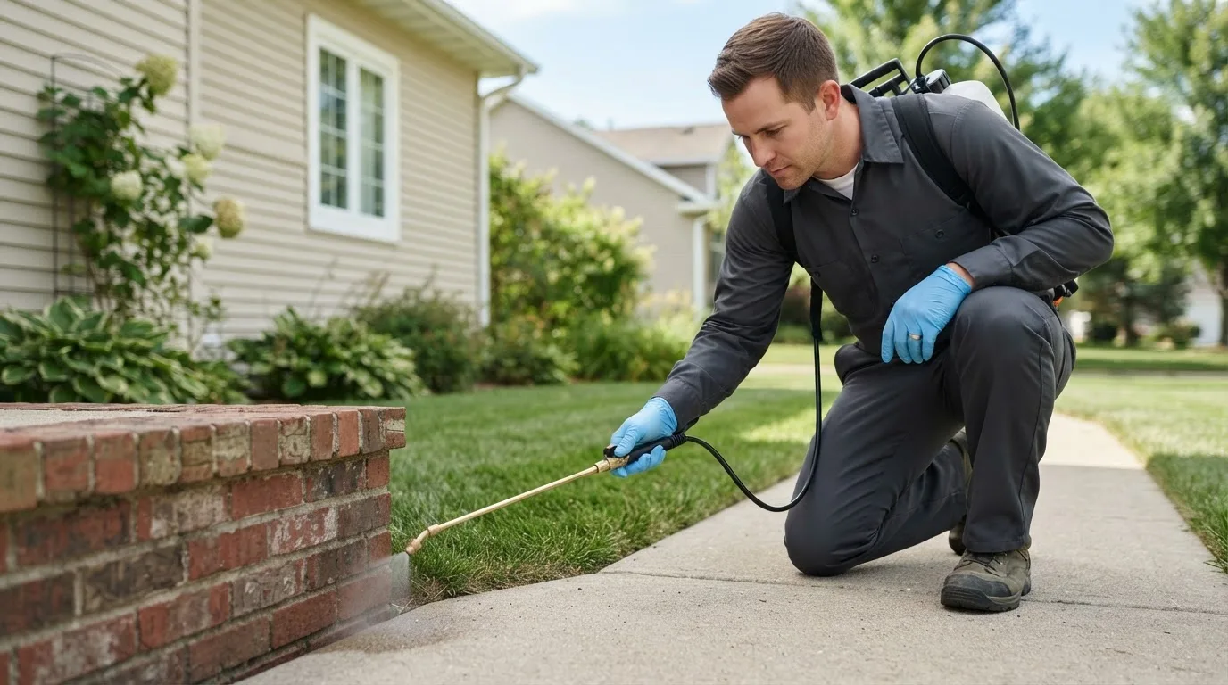Pest control technician treating a home near Morris, OK